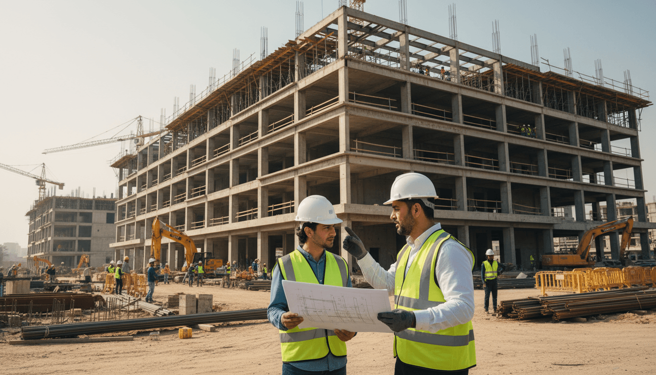 Construction site supervision with engineer reviewing project blueprints during active building work