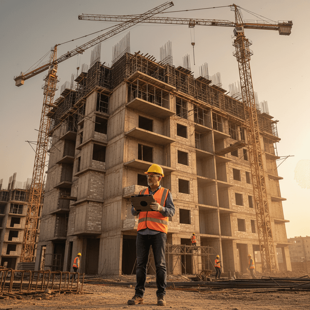 Residential construction site with supervisor reviewing project plans