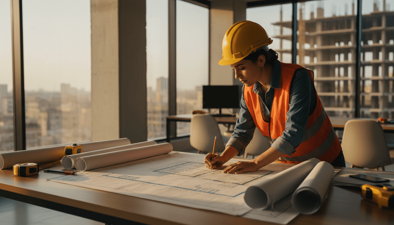 Engineer reviewing construction blueprints and technical drawings on site
