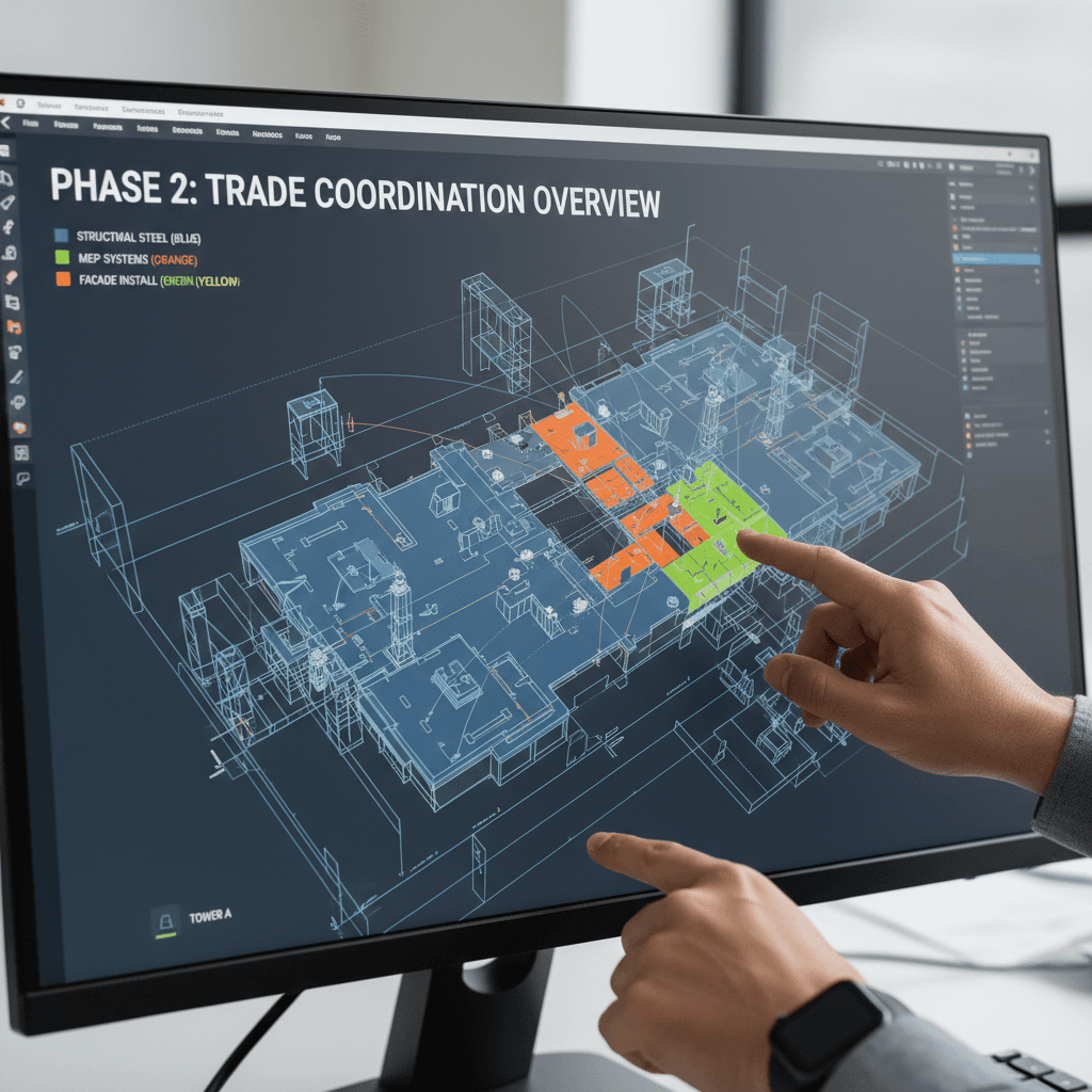 Site coordination plan with engineer pointing to layout details