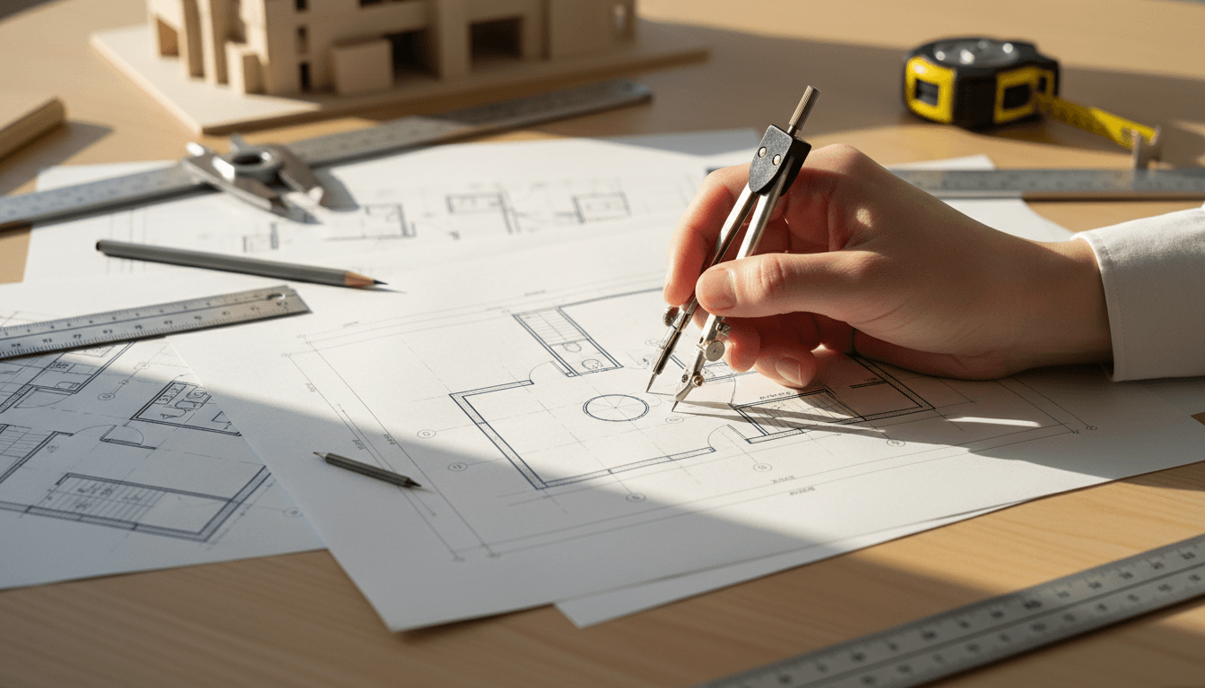 Architectural blueprints and technical drawings with drafting tools on a workspace