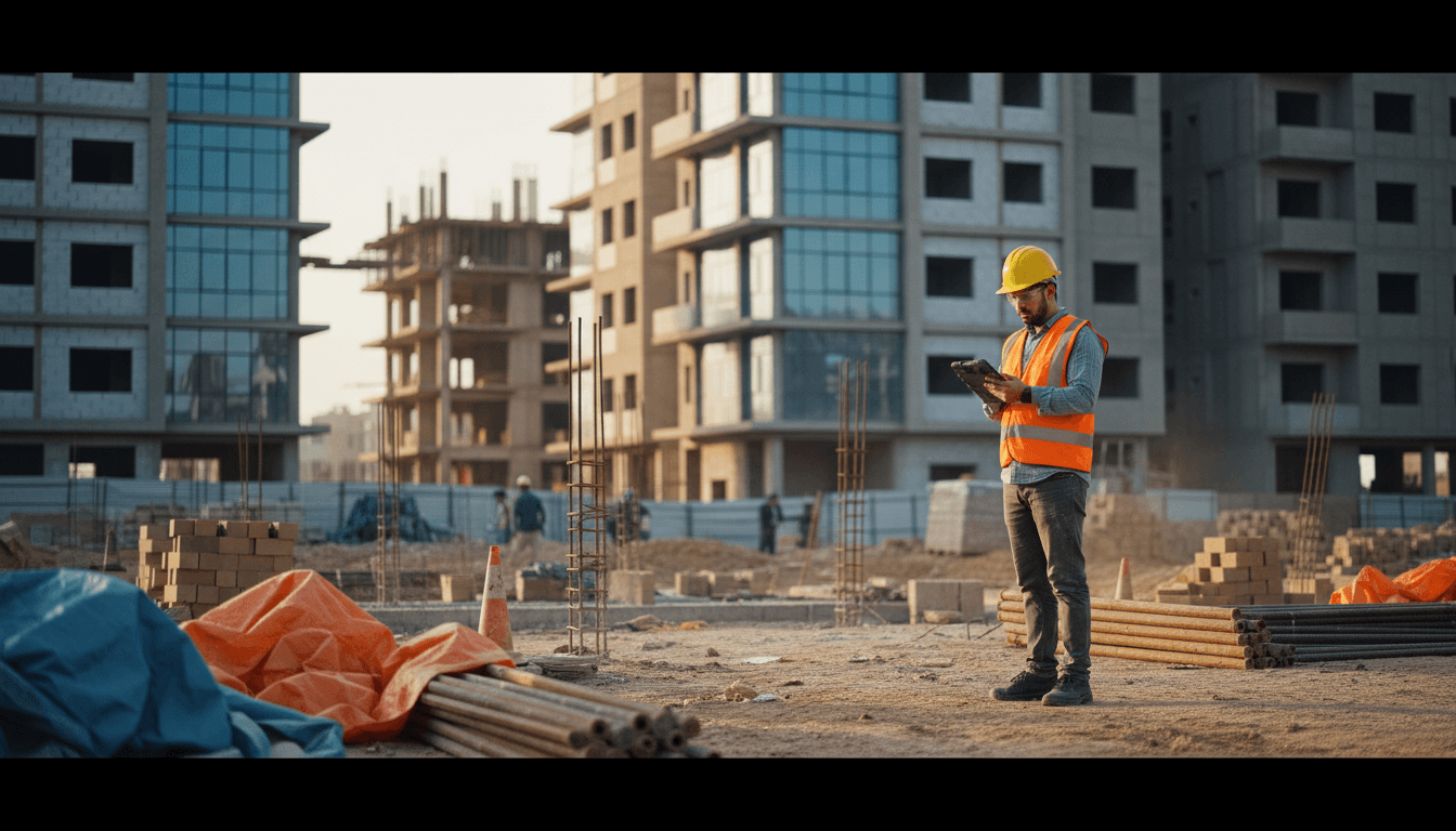 Engineering professional reviewing construction plans at a Cairo building site
