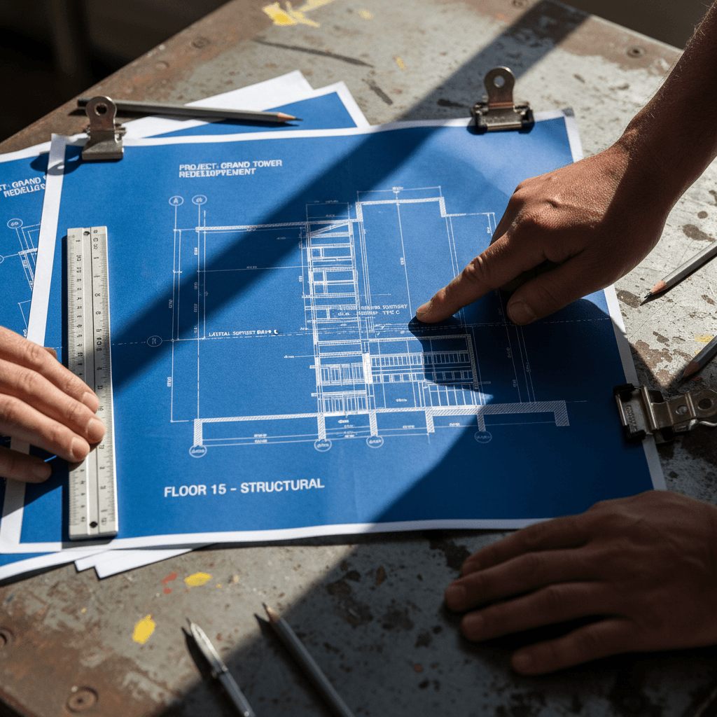 Engineering blueprints with detailed structural coordination markings
