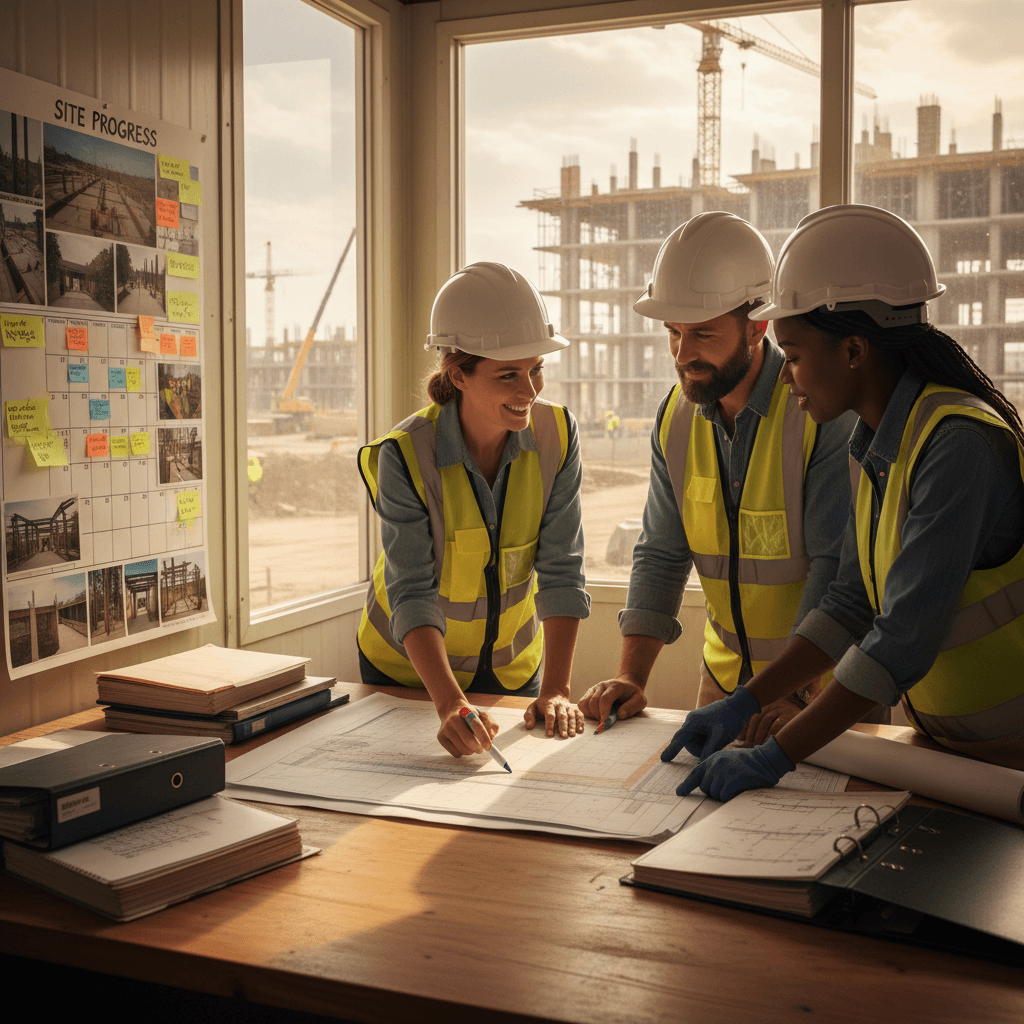 Project coordinator meeting with construction team