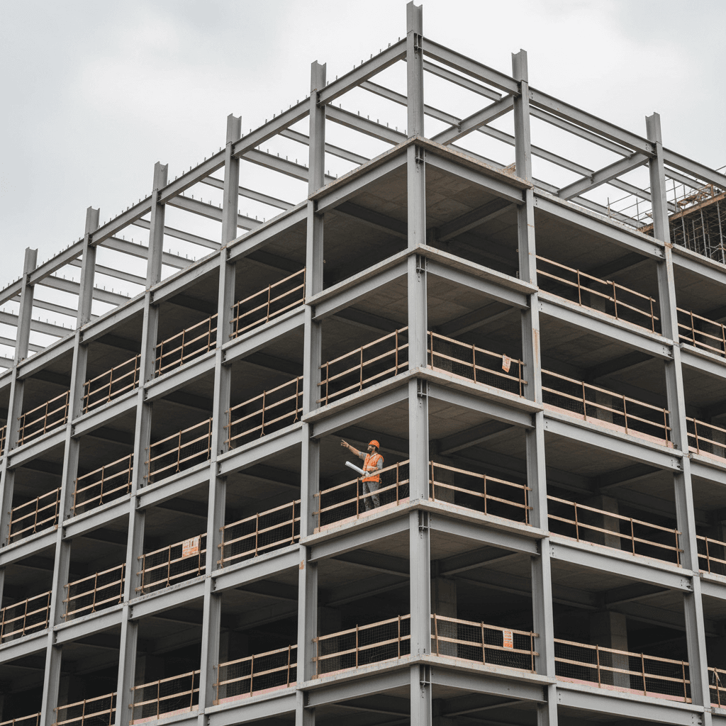 Multi-story commercial building structure with engineer on scaffolding