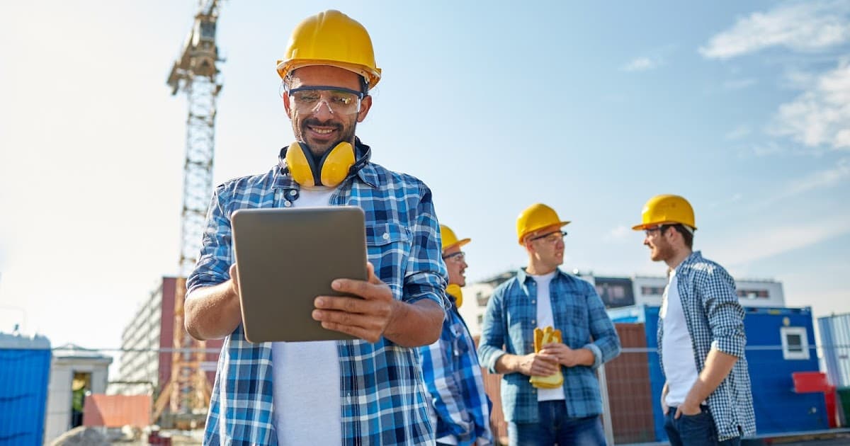 Smiling construction worker in safety gear using a tablet at a sunny outdoor construction site.